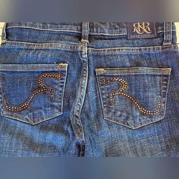 Rock & Republic Dark Wash Denim Jeans Kasandra Bootcut Embellished Logo Pockets - Picture 8 of 11
